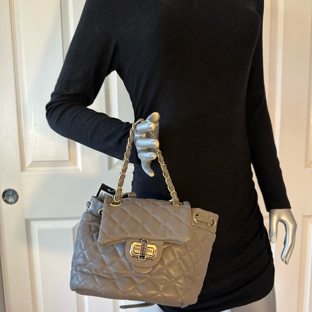 BADGLEY MISCHKA | Quilted Gray Drawstring Mini Backpack NWT - Picture 7 of 7